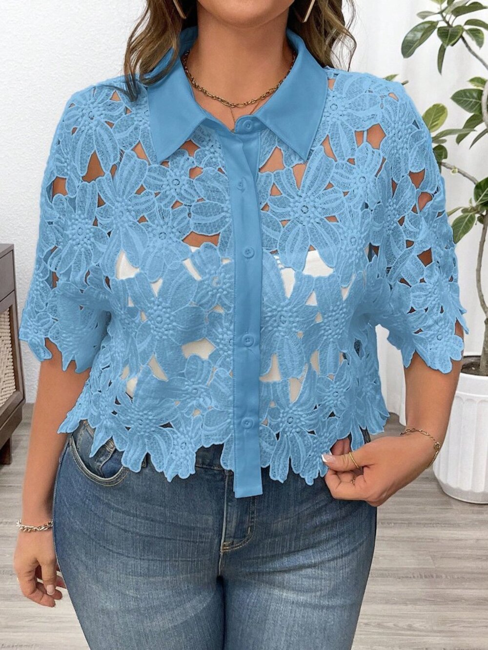 Blue Casual Women's Plus Size Floral Lace Hollow Out Blouse